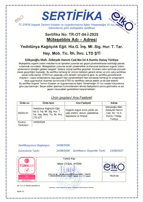 ETKO Türkiye Organik Tarım Sertifikası TR-OT-04-İ-2925 — Kent Bahçesi / Yedidünya
