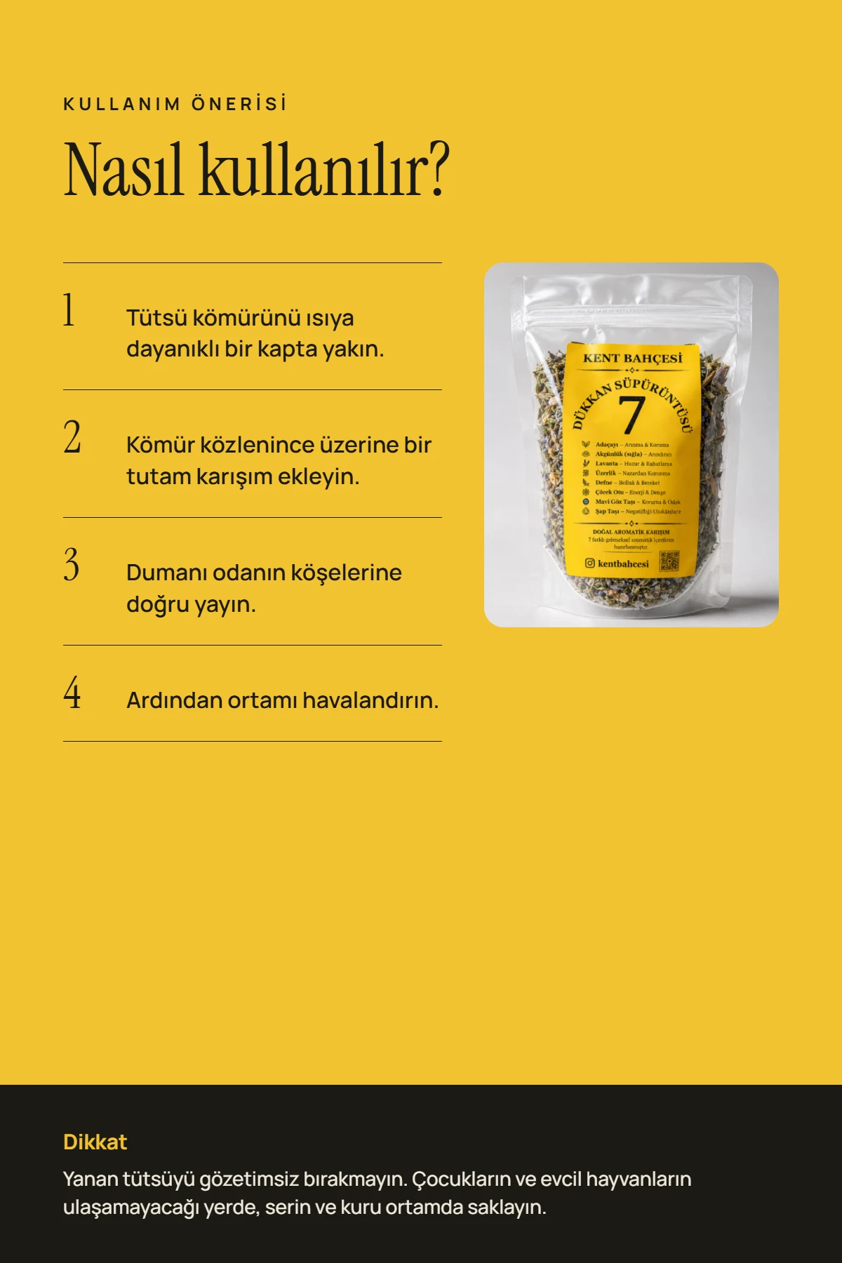 7 Dükkan Süprüntüsü nasıl kullanılır – közlenmiş tütsü kömürüne bir tutam karışım, ardından havalandırma; güvenlik ve saklama uyarısı