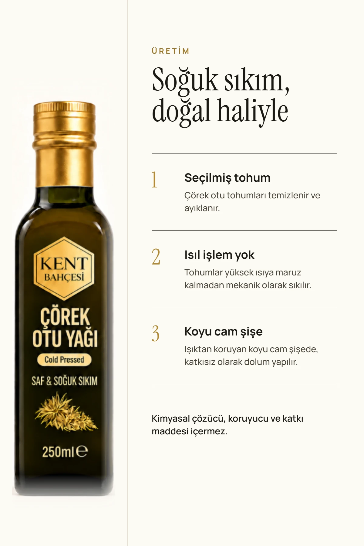 Çörek otu yağı üretimi – seçilmiş tohum, ısıl işlem olmadan soğuk sıkım, koyu cam şişede dolum