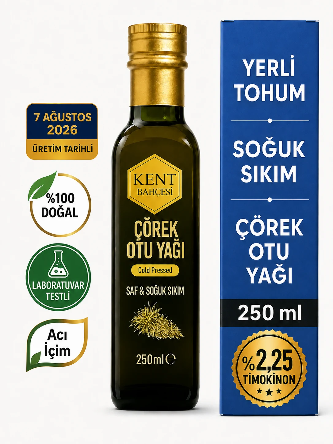Kent Bahçesi Acı İçim Çörek Otu Yağı 250 ml – parti analizli %2,25 timokinon, yerli tohum, soğuk sıkım