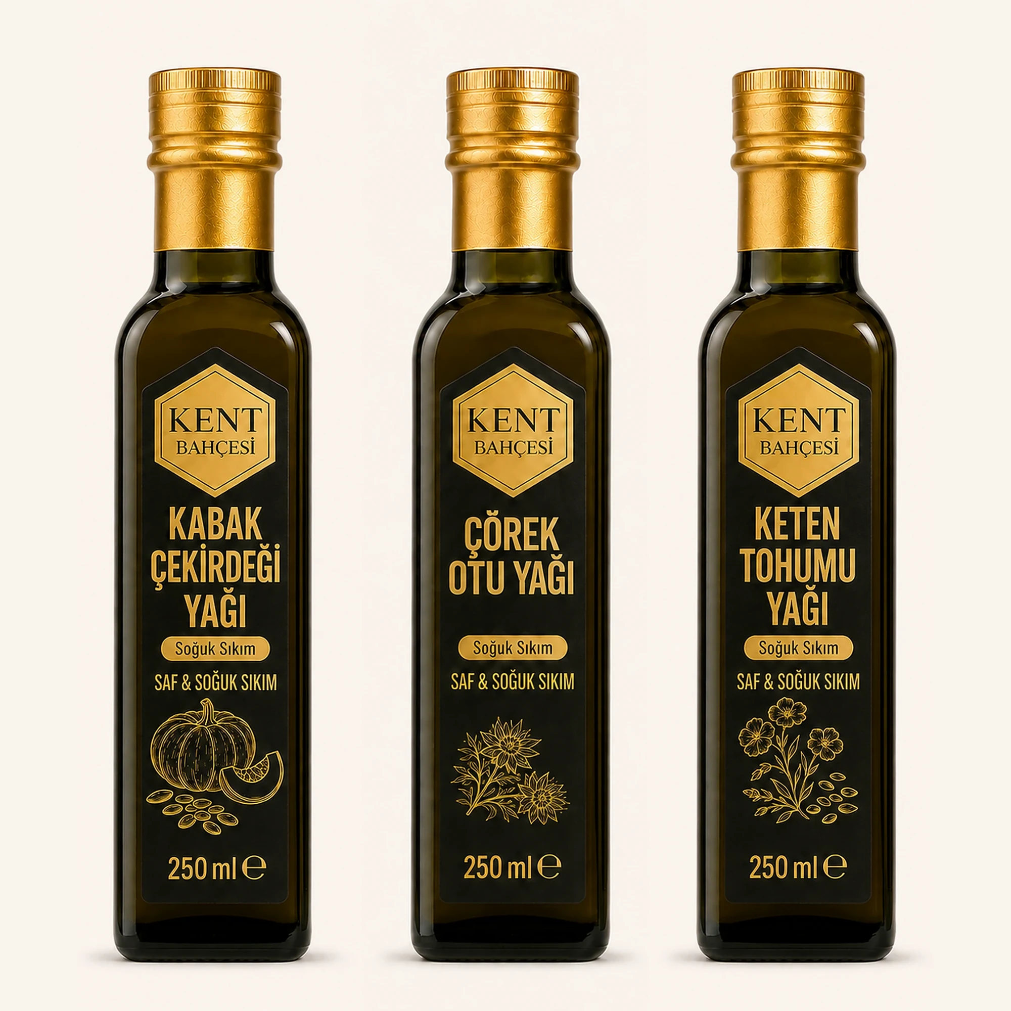 Çörek Otu, Keten Tohumu ve Kabak Çekirdeği Yağı Seti – 3 × 250 ml