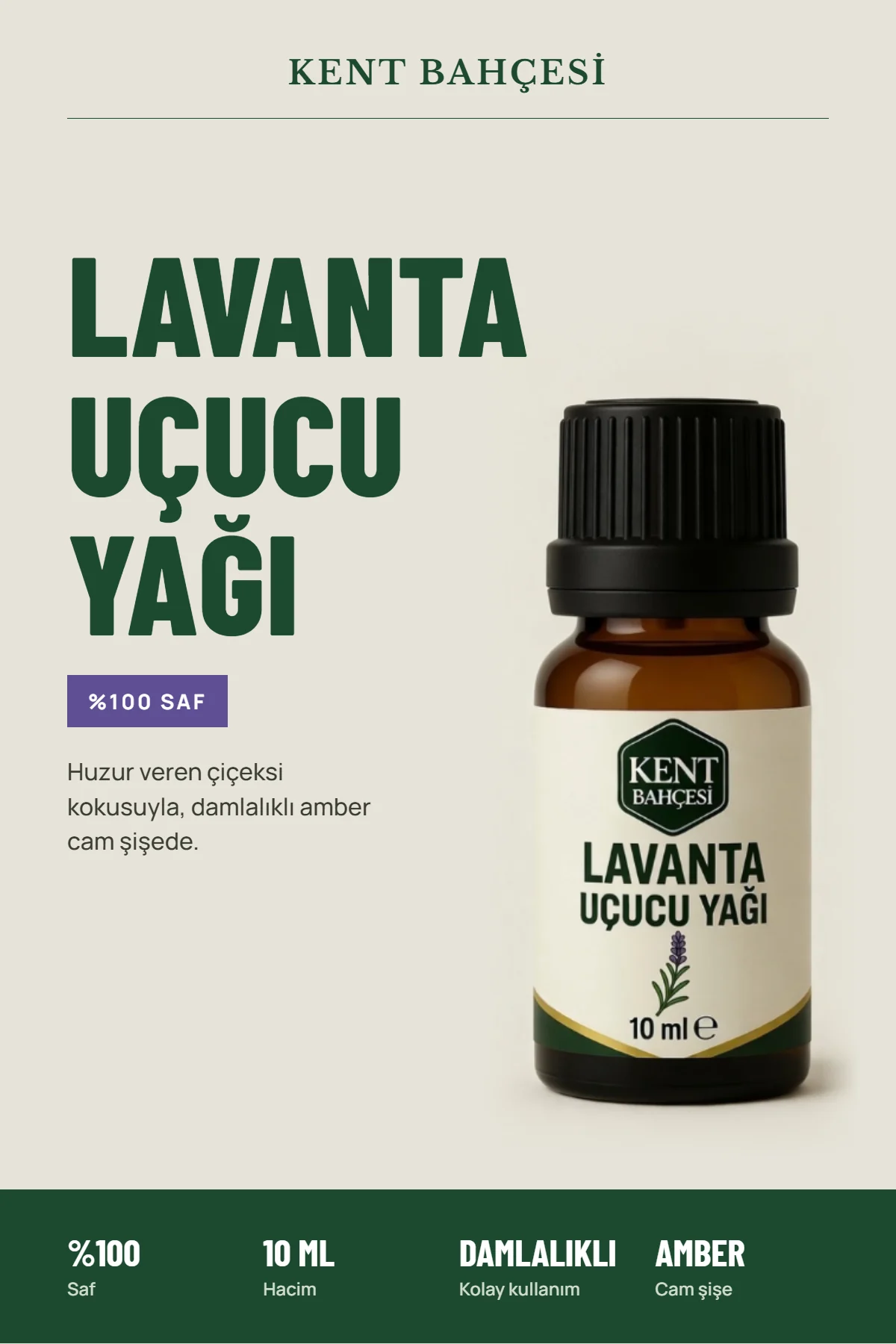 Lavanta Uçucu Yağı 10 ml – %100 saf, damlalıklı amber cam şişe