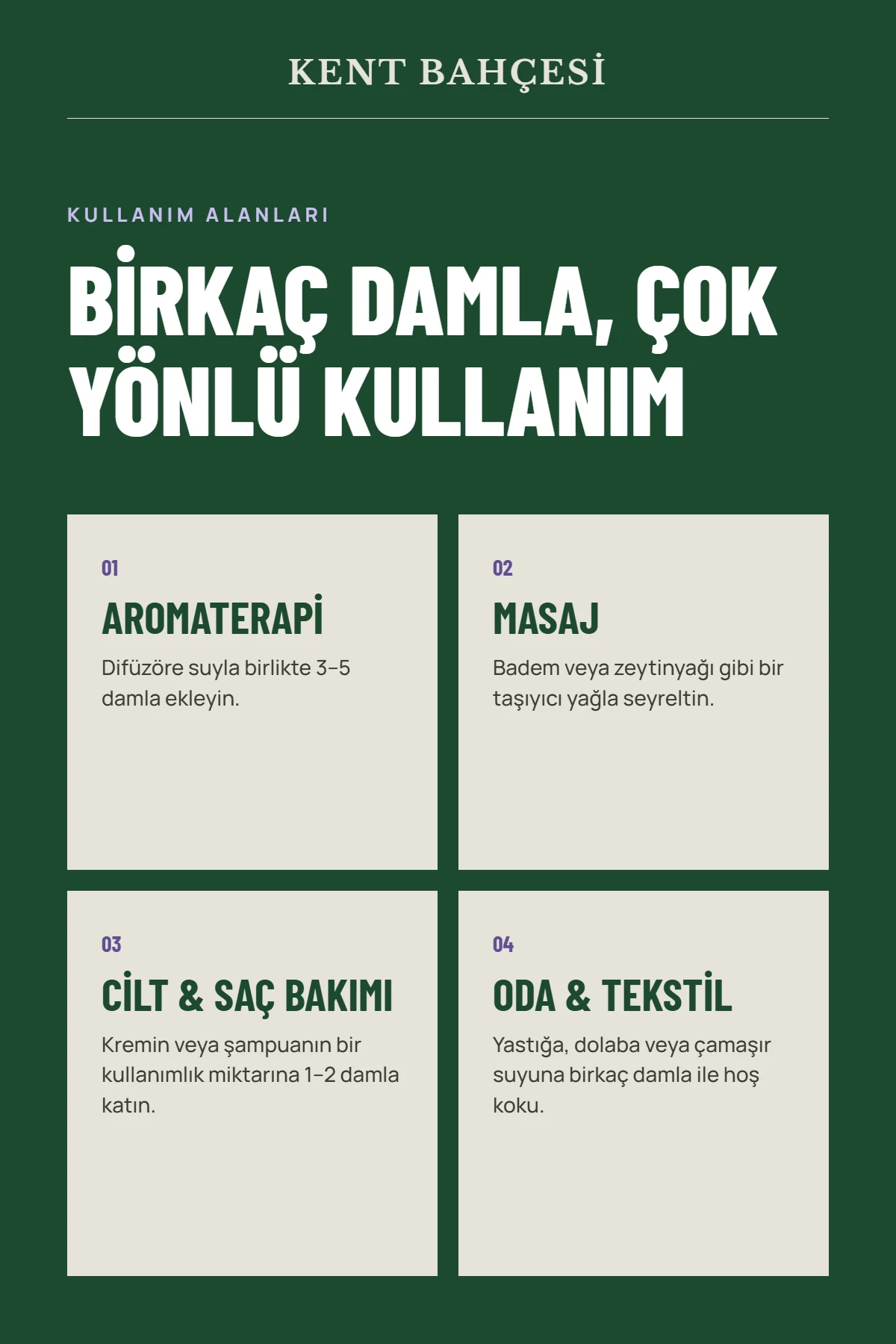 Lavanta uçucu yağı kullanım alanları – difüzör, taşıyıcı yağla masaj, krem ve şampuana 1–2 damla, oda ve tekstil