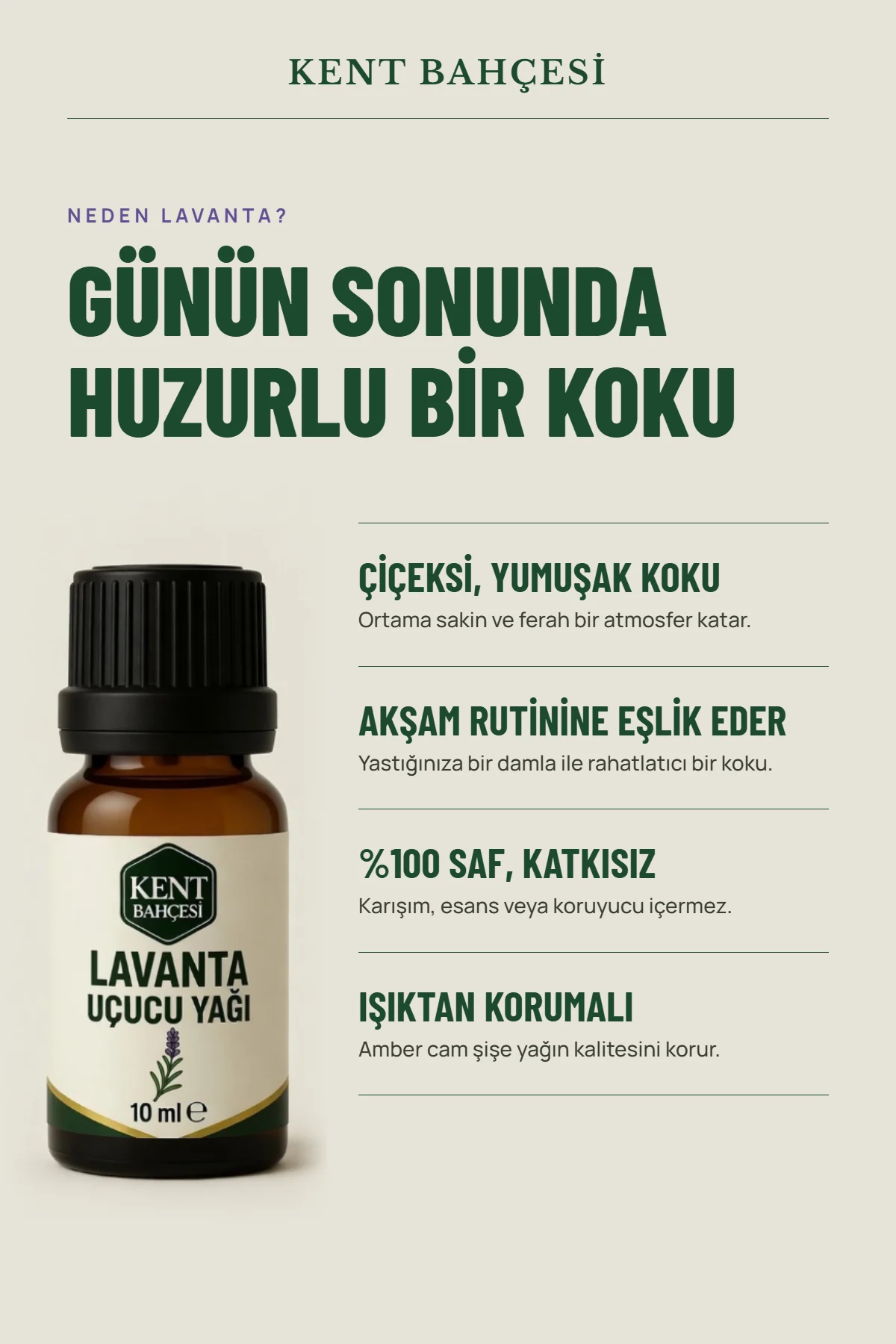 Neden lavanta – çiçeksi yumuşak koku, akşam rutini, %100 saf ve katkısız, ışıktan koruyan amber şişe
